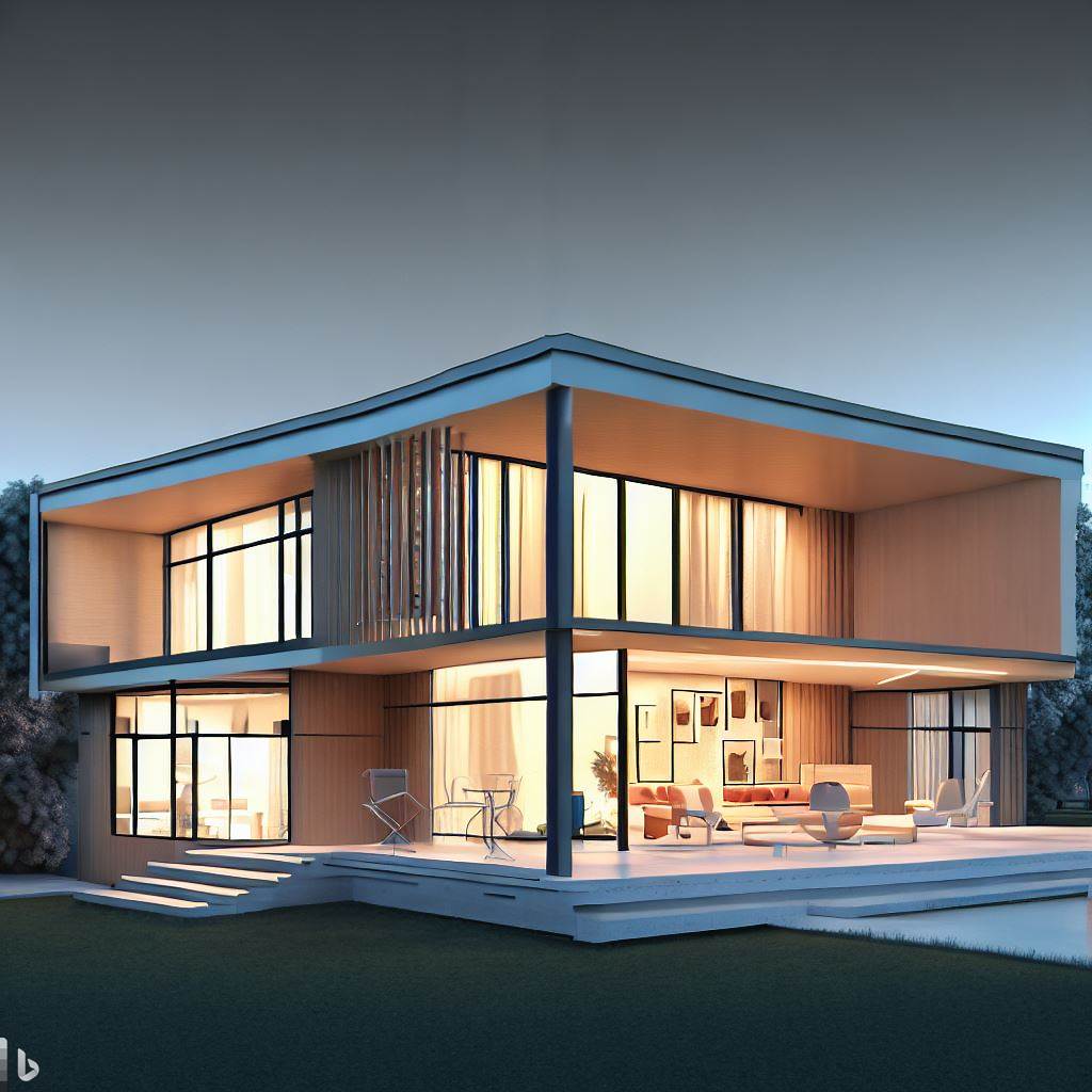Image generated by Bing using the prompt "create a 3d render of a mid century modern home, digital art"